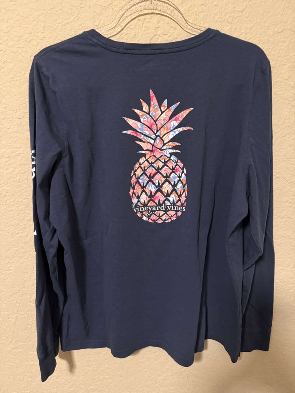 Vineyard Vines Navy Long-Sleeve Pocket Tee with Pink Pineapple
